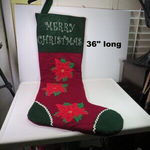 Giant Poinsettia Stocking vintage traditional embroidered 36 in Long plus